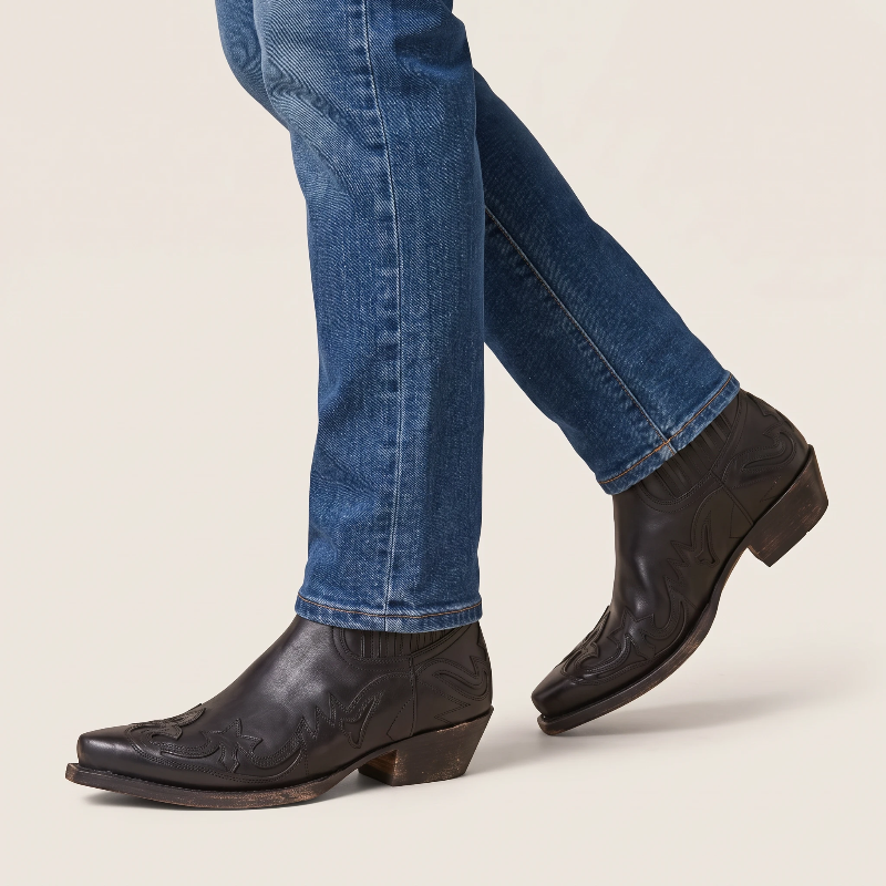 Yehaw TOMMY black vegan leather ankle cowboy boots with pointed toe and decorative western stitching