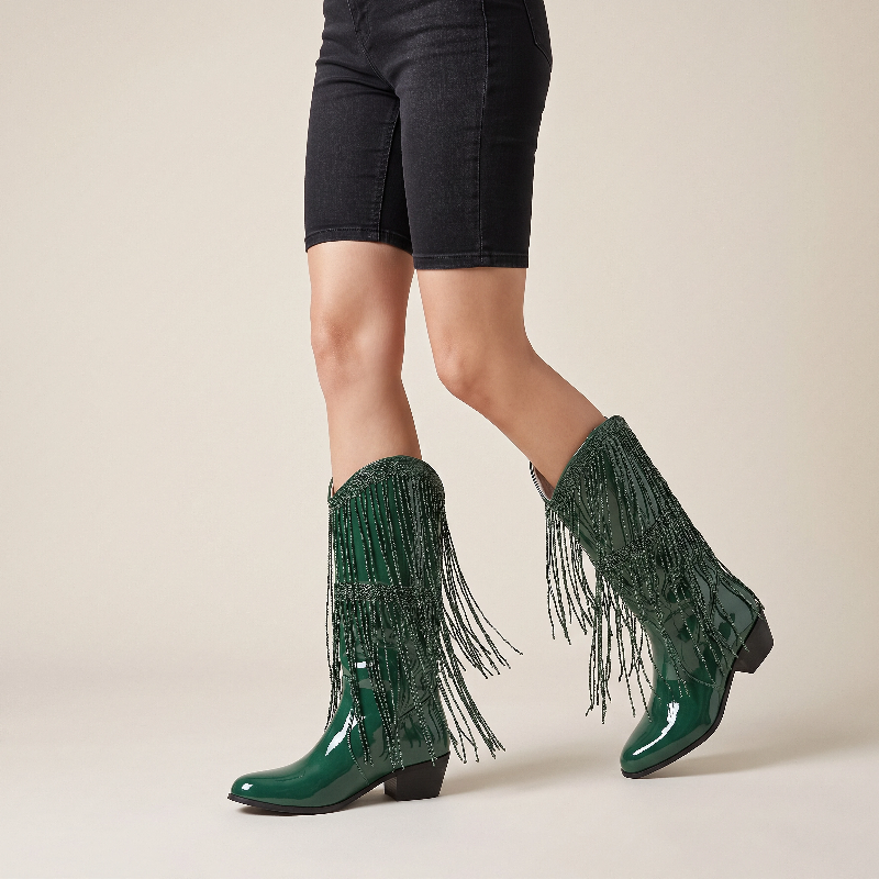 Yehaw TAMMIE green vegan leather mid-calf cowgirl boots with pointed toe and decorative fringe detailing