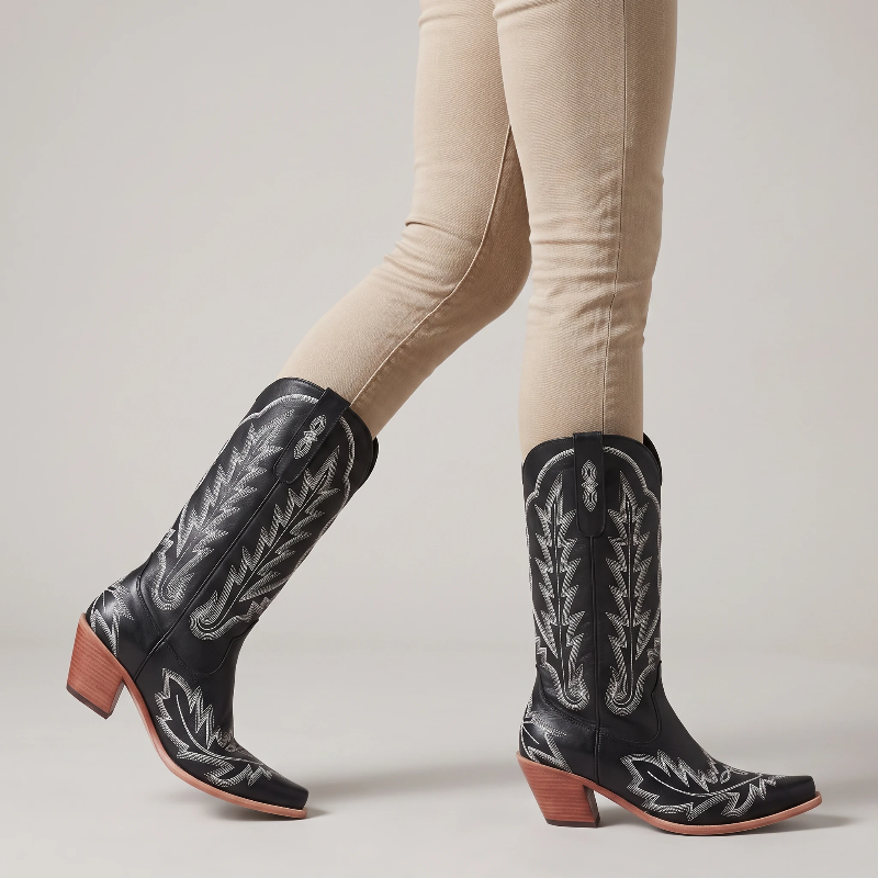 Yehaw SALLY black vegan leather mid-calf cowgirl boots with white western embroidery and a square toe