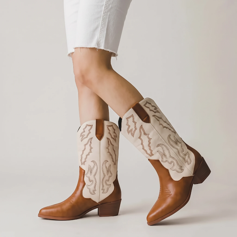 Yehaw DANIELA mid-calf cowgirl boots in brown and white vegan leather with pointed toe and western embroidery