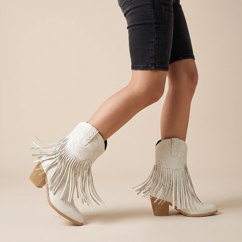 Yehaw DALIA beige vegan leather ankle cowgirl boots with fringe detailing and a medium block heel.