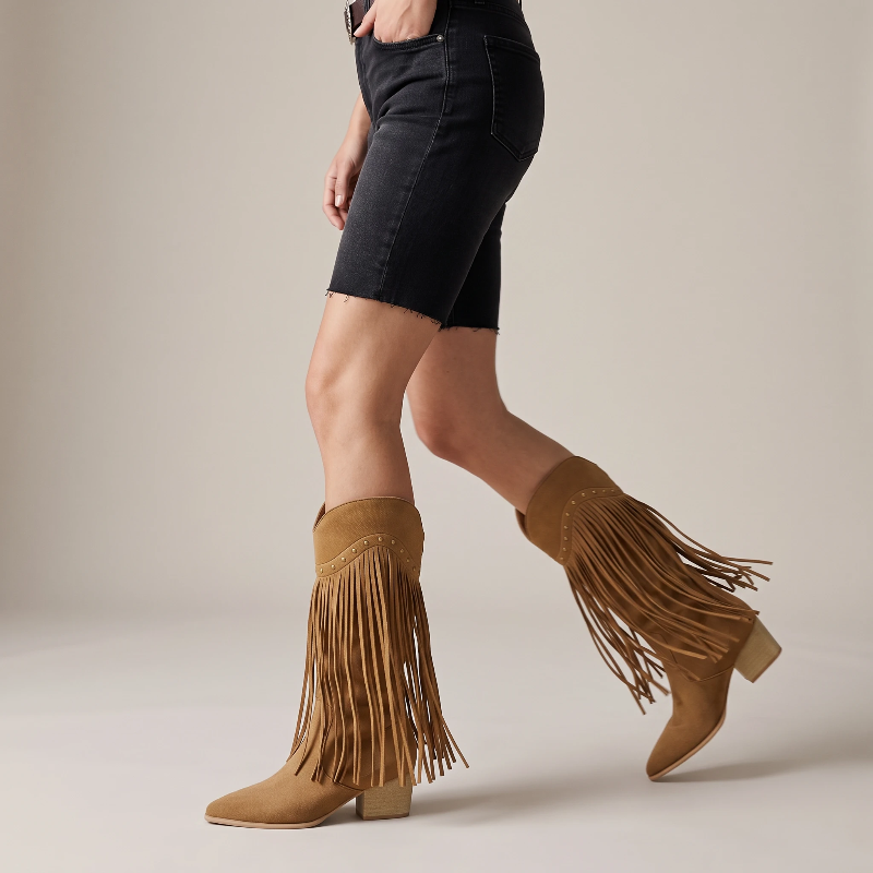 Yehaw BELLA brown vegan leather mid-calf cowgirl boots with pointed toe, fringe detailing, and studded accents