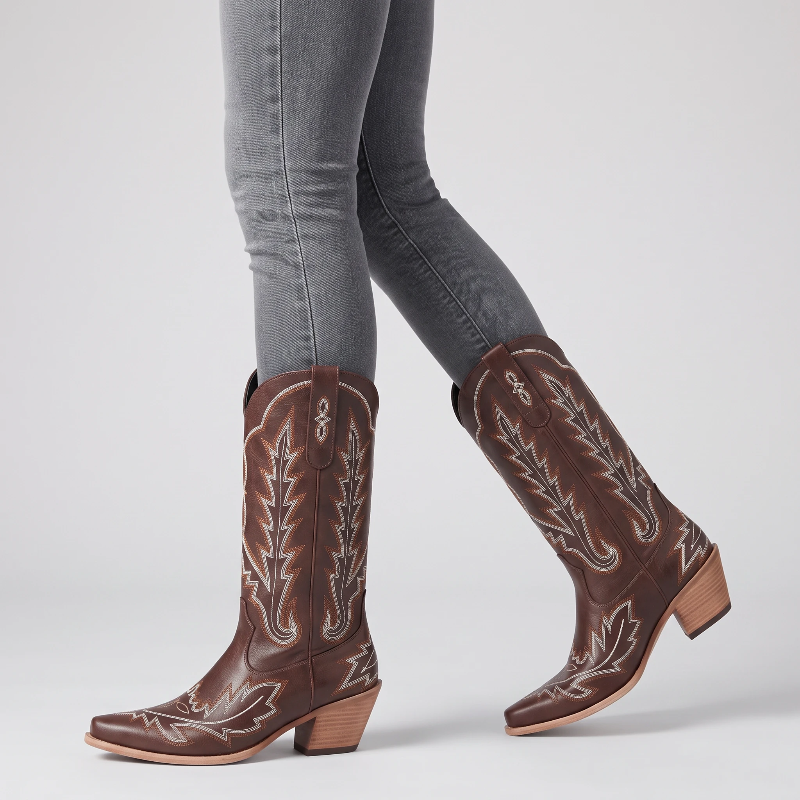 Yehaw SALLY brown vegan leather mid-calf cowgirl boots with white western stitching and a square toe