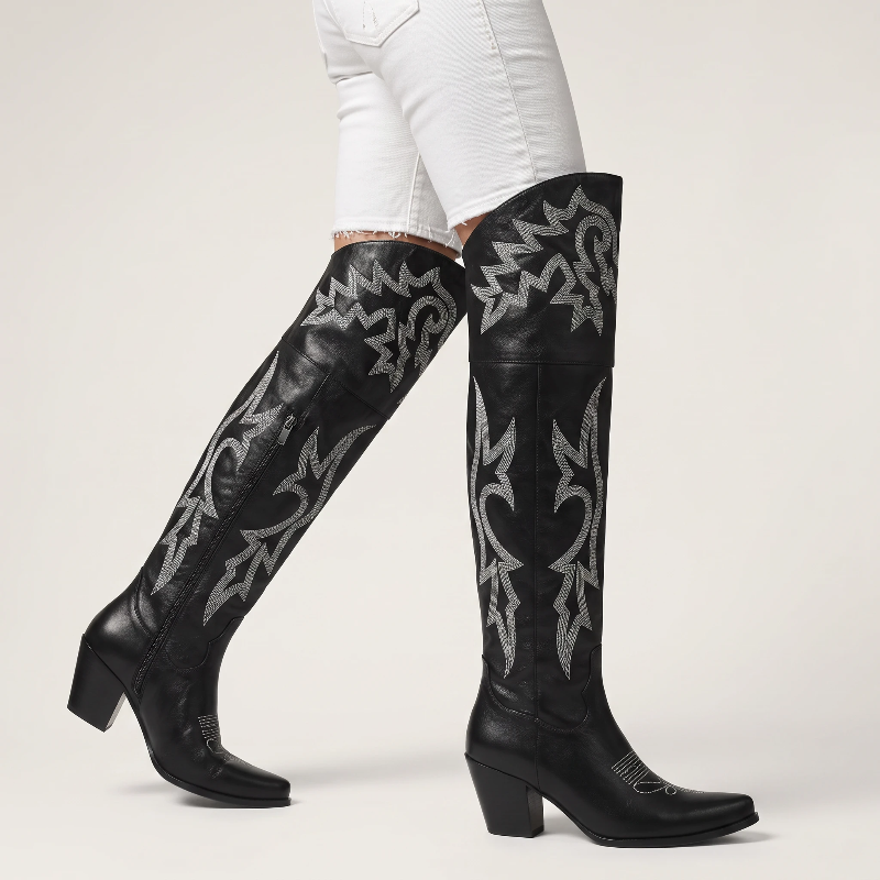 Yehaw BEATRICE black vegan leather knee-high cowgirl boots with white western embroidery and a pointed toe.