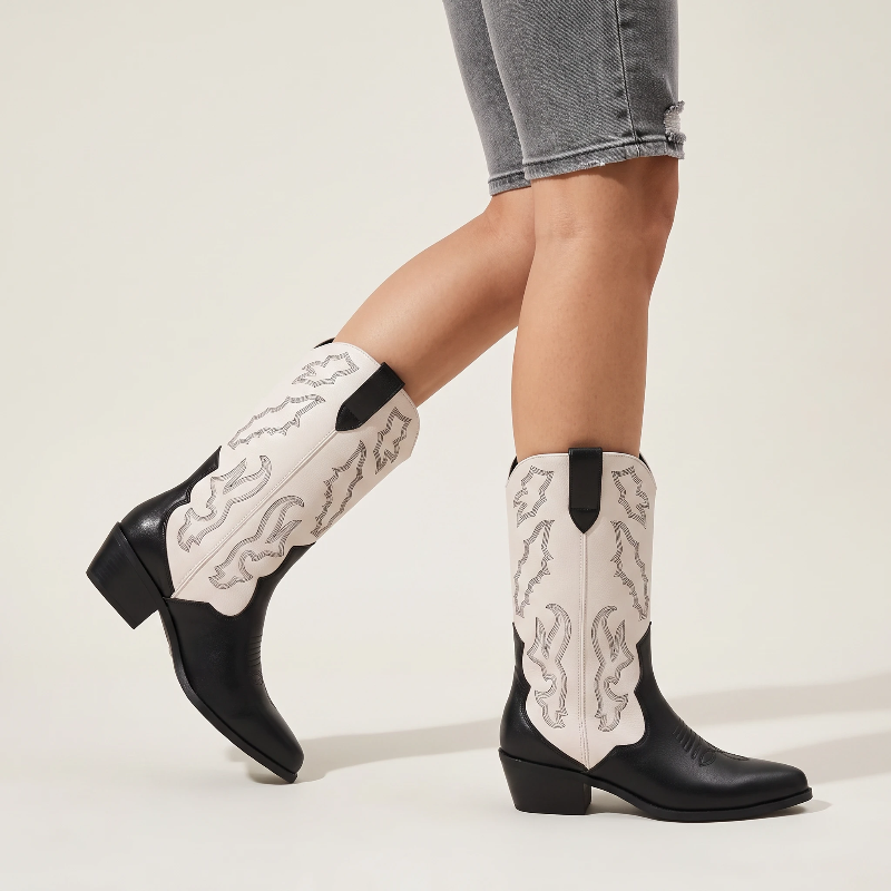 Yehaw DANIELA mid-calf vegan leather cowgirl boots in black and white with pointed toe and western embroidery