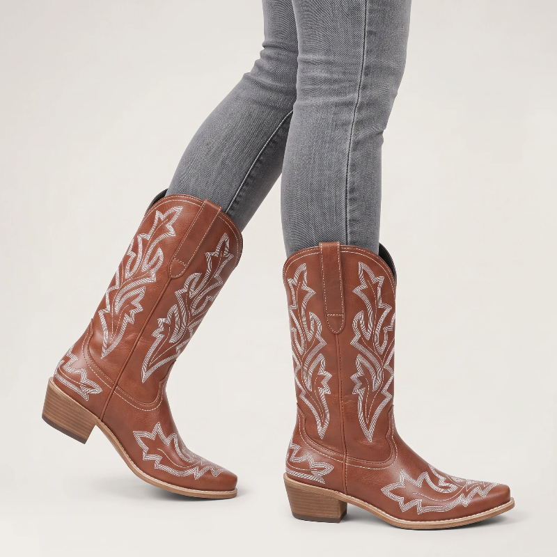 Yehaw brown vegan leather mid-calf cowgirl boots with white western embroidery and a round toe design.