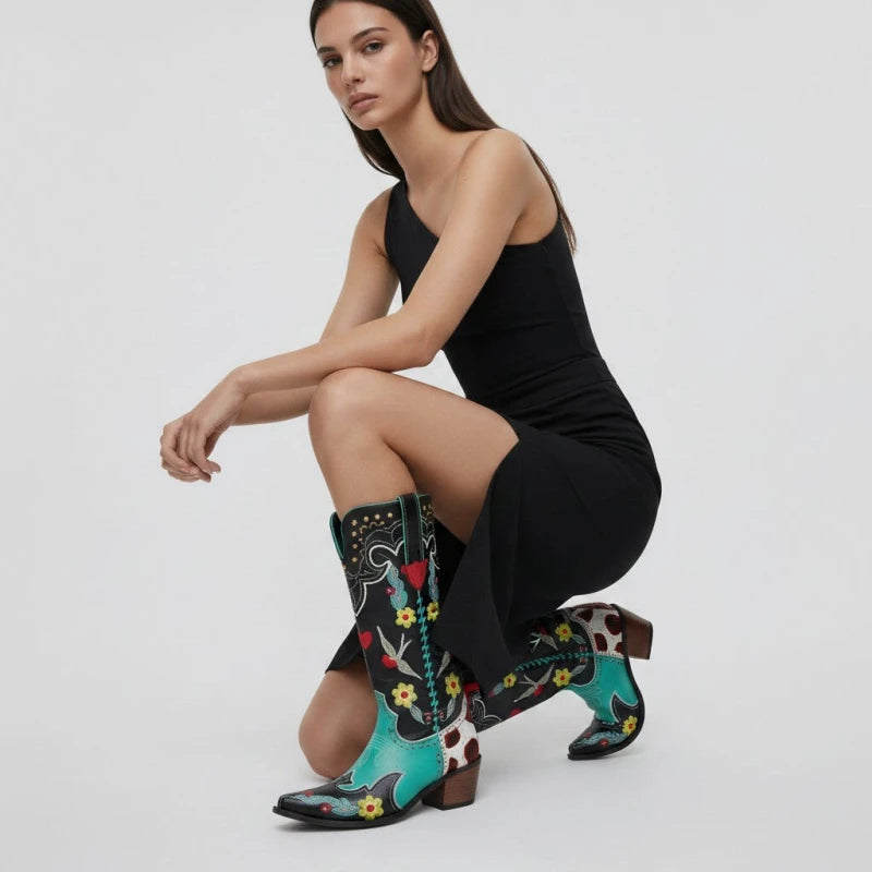 Model wearing Yehaw ADELAIDE multicoloured vegan leather mid-calf cowgirl boots with floral embroidery and pointed toe