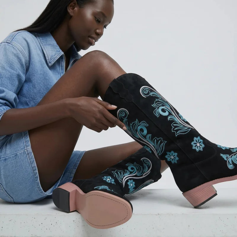 Yehaw Adriana black vegan suede mid-calf cowgirl boots with blue floral embroidery and a medium block heel
