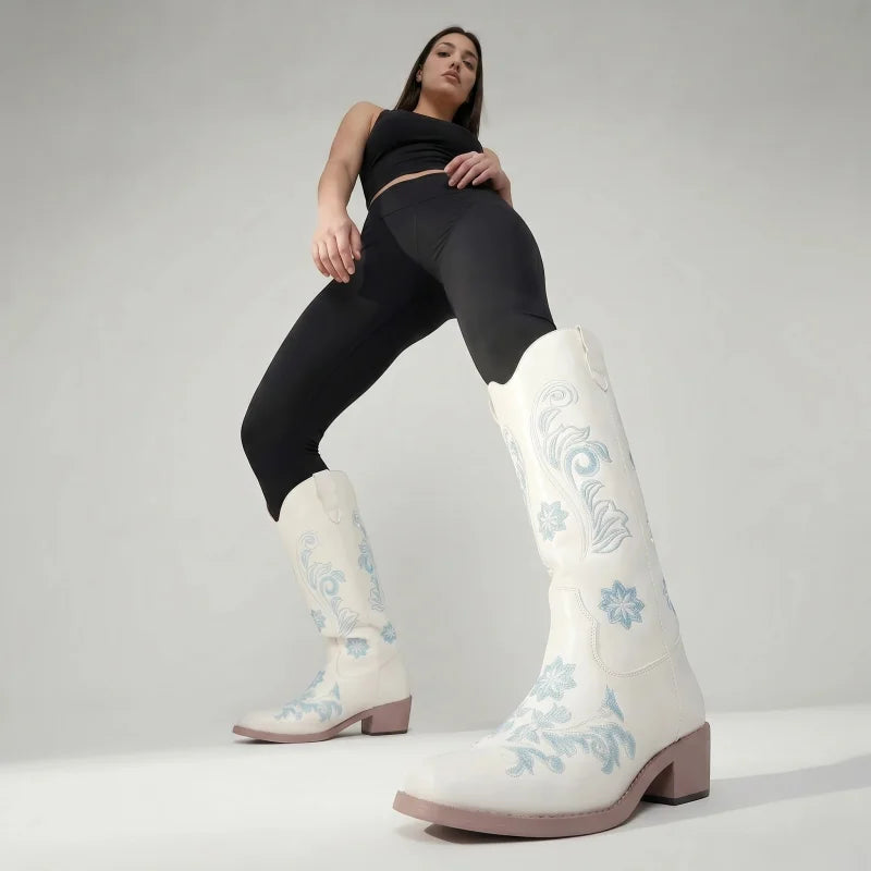 Yehaw Adriana white vegan suede mid-calf cowgirl boots with light blue floral embroidery and a block heel