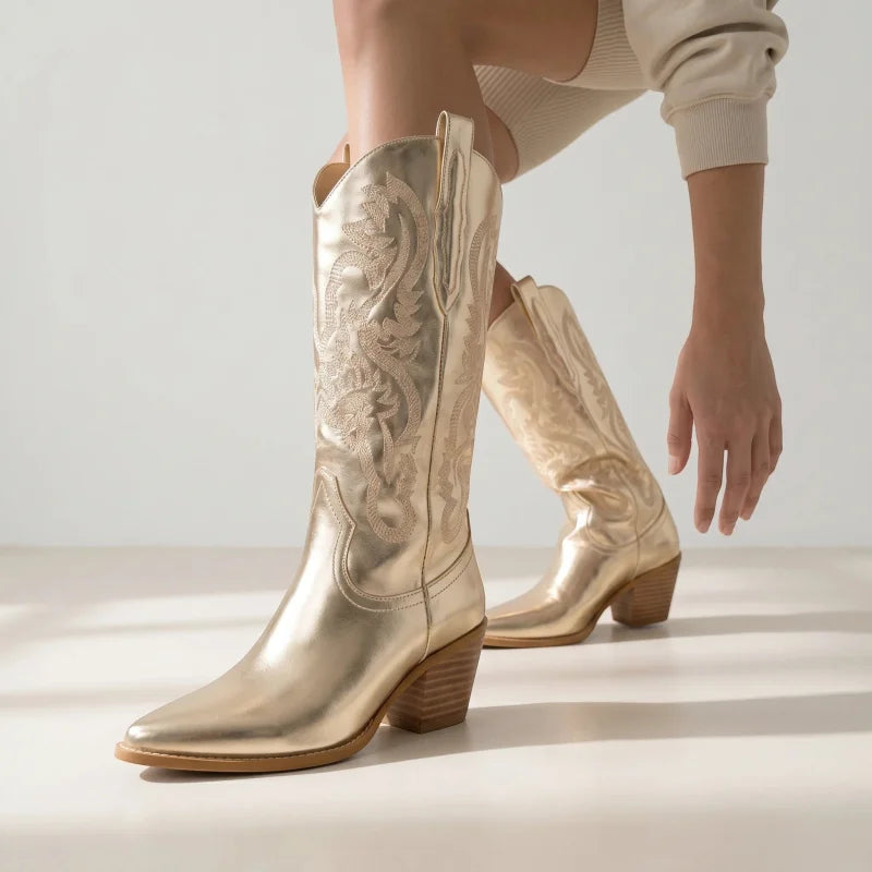 Yehaw ANNIE cowgirl boots in metallic gold vegan microfibre with intricate western embroidery and a medium block heel.