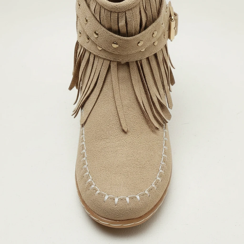 Yehaw beige vegan suede ankle cowgirl boots with fringe detail, side buckle, and flat rubber sole
