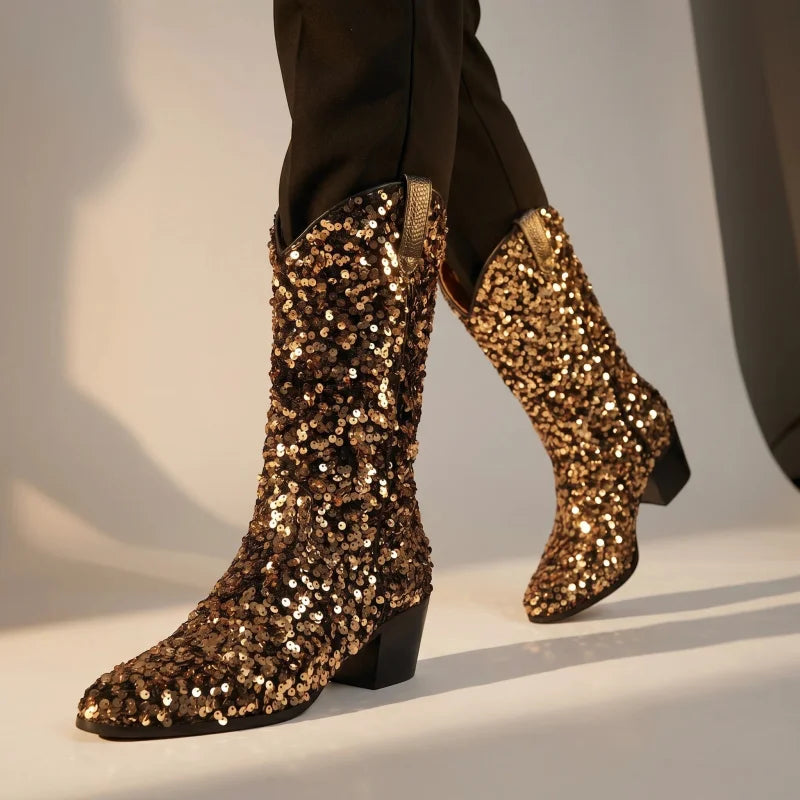 Yehaw CALAMITY mid-calf cowboy boots in gold vegan glitter with a pointed toe and medium block heel.