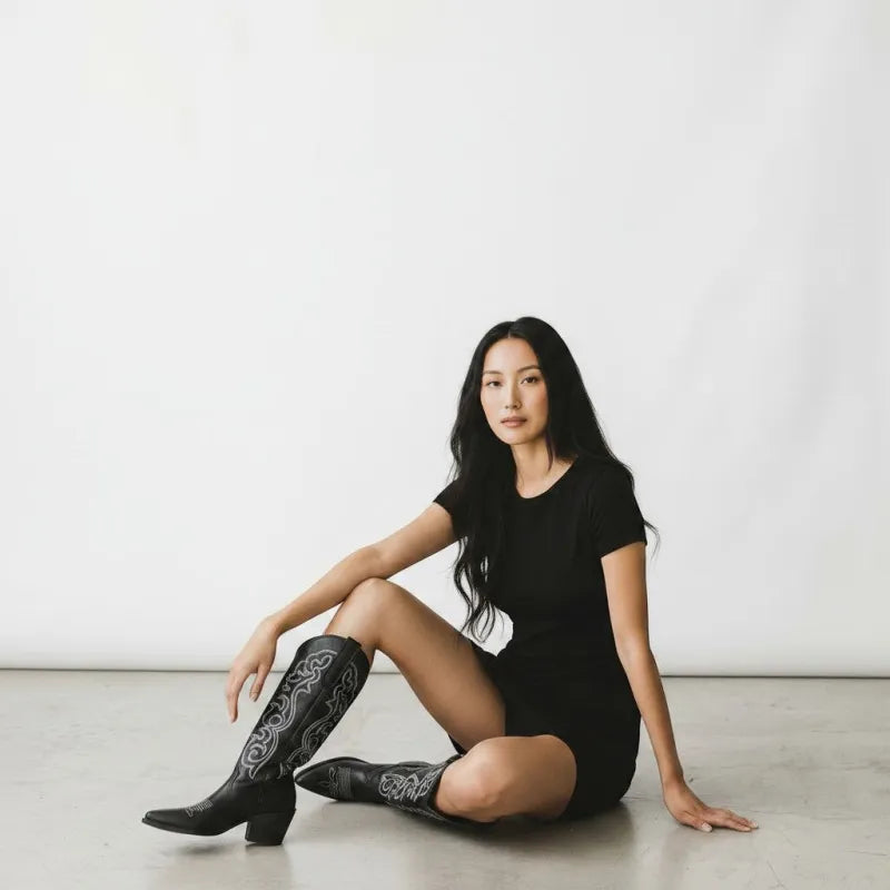 Yehaw black vegan leather mid-calf cowgirl boots with pointed toe and ornate stitching.
