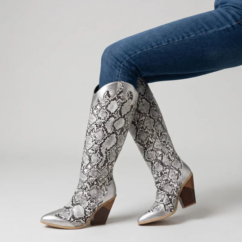 Yehaw CLEMENTINE knee-high silver vegan leather cowboy boots with a snakeskin pattern and pointed toe