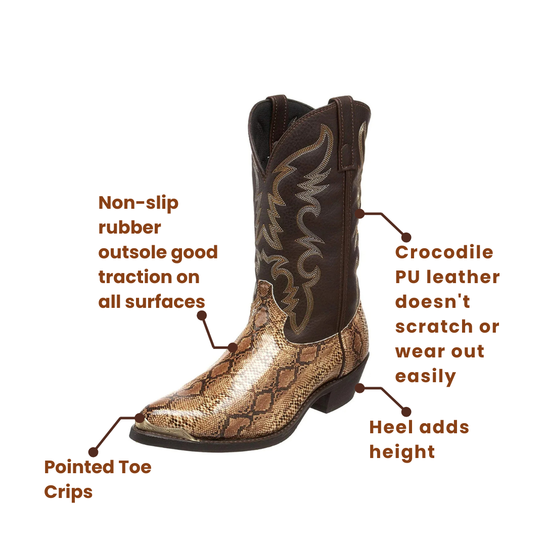 CLAY Mens Cowboy Boots - Crocodile PU leather | Stable and Strong