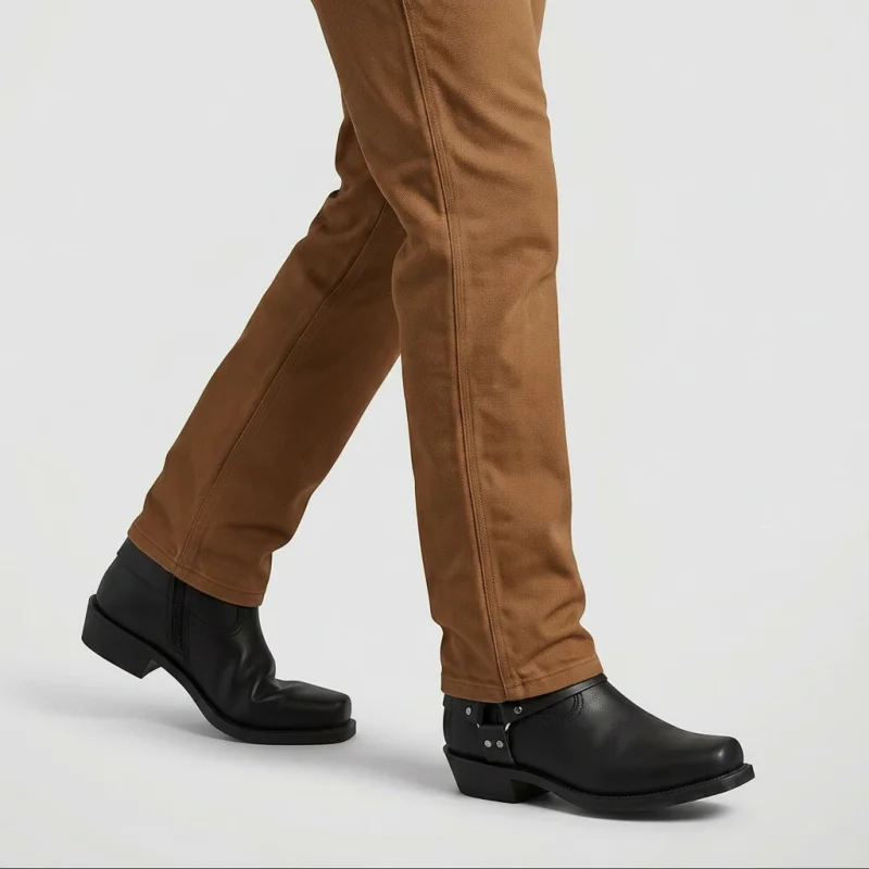 Yehaw DENVER men's black vegan leather ankle cowboy boots with square toe and zip fastening worn with brown trousers