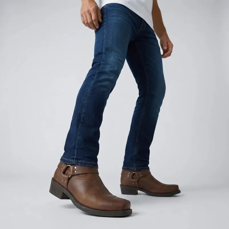 Yehaw men's brown vegan leather ankle cowboy boots with square toe and side buckle detail.