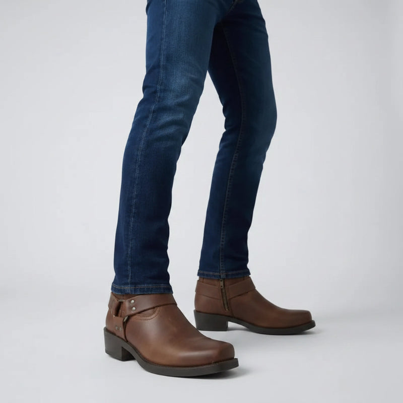 Yehaw men's brown vegan leather ankle cowboy boots with square toe and side buckle detail.