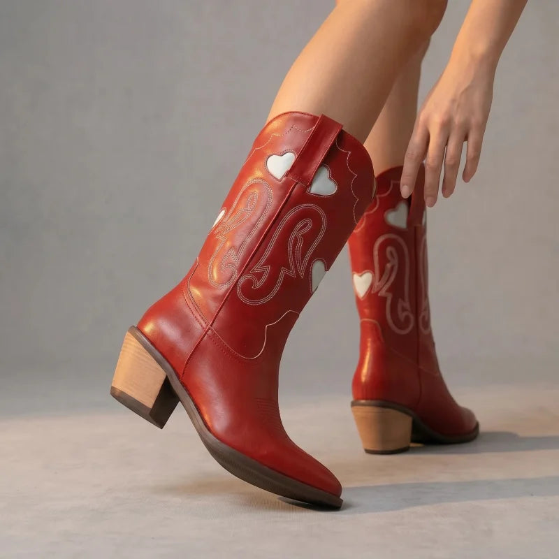 Yehaw ETTA red vegan leather mid-calf cowgirl boots with white heart embroidery and a wooden block heel.