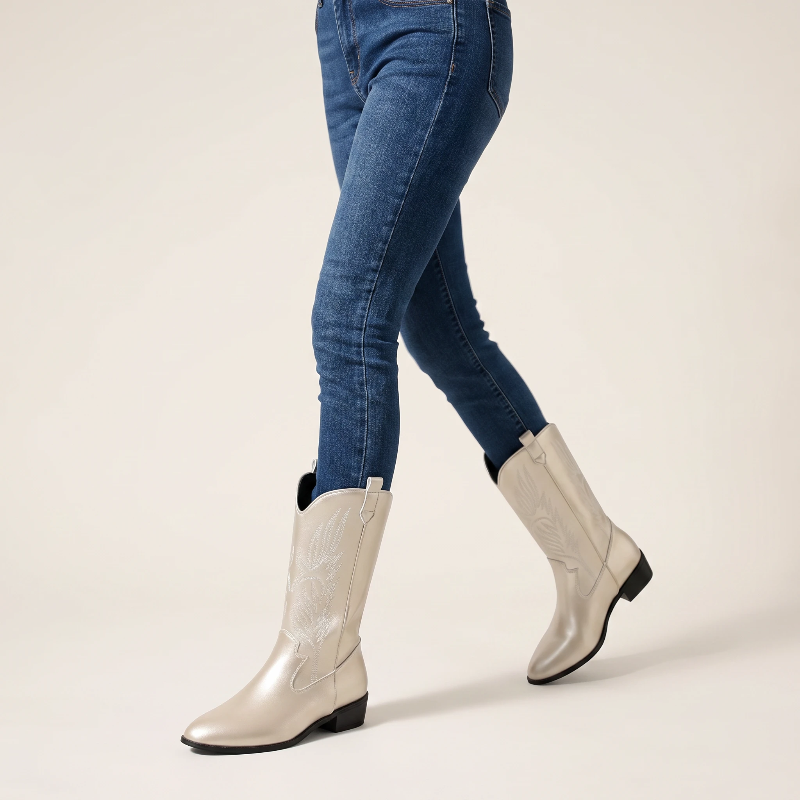 Yehaw gold vegan leather mid-calf cowgirl boots with pointed toe and white western embroidery stitching