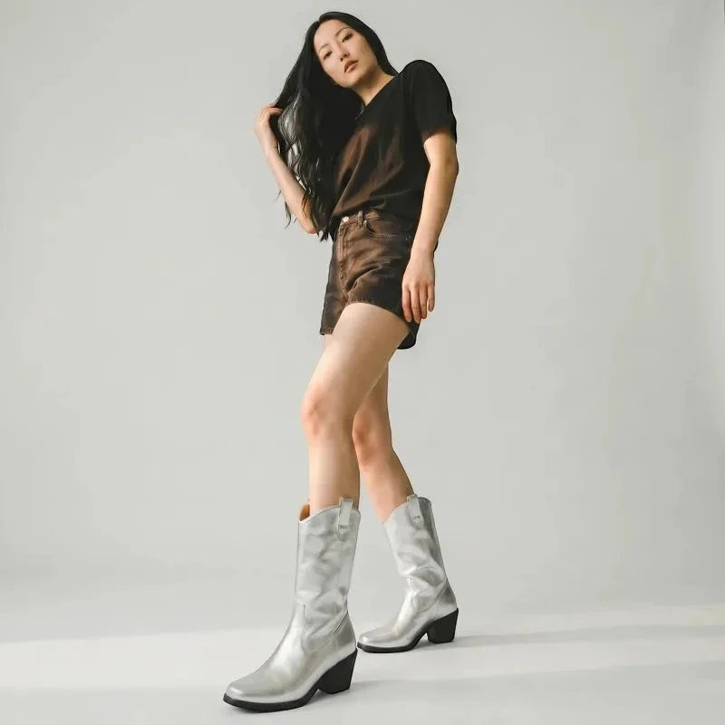 Yehaw silver vegan microfibre ankle-height cowgirl boots with square toe and high heel.