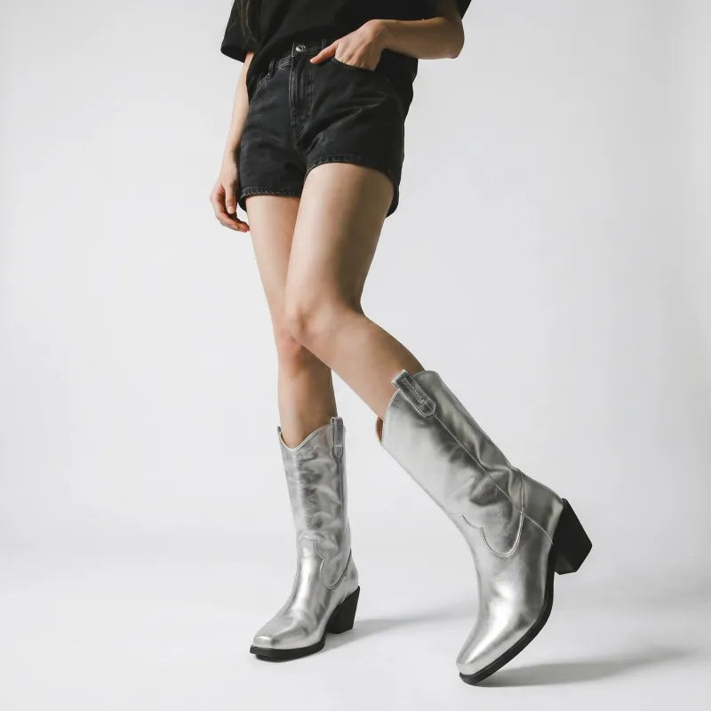 Yehaw silver vegan microfibre ankle-height cowgirl boots with square toe and block heel.