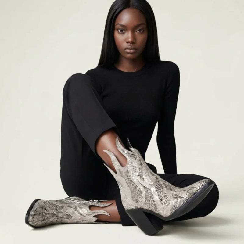 Model wearing Yehaw gold vegan microfibre ankle cowboy boots with square toe and flame detail against a neutral background