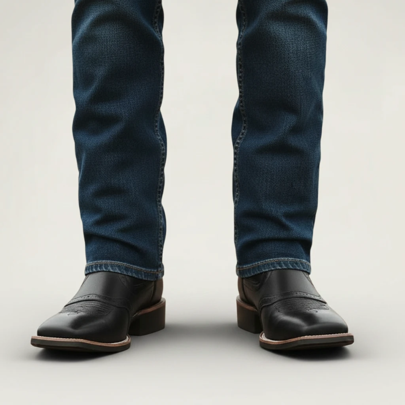 Yehaw black vegan leather cowboy boots with square toe and rubber sole, showing the bottom view