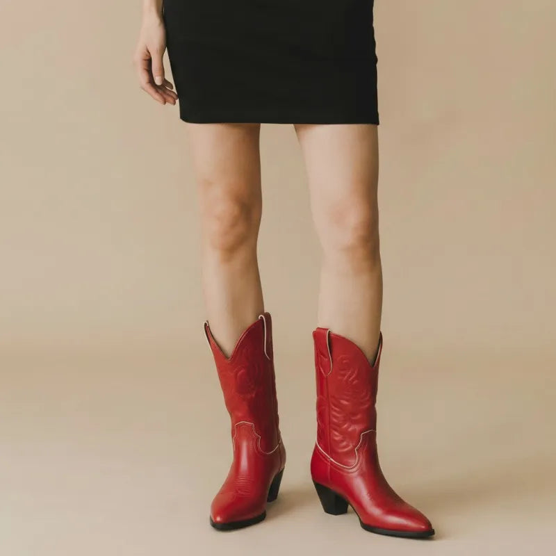 Yehaw red vegan leather ankle cowboy boots with pointed toe and high heel. Women's western style footwear.