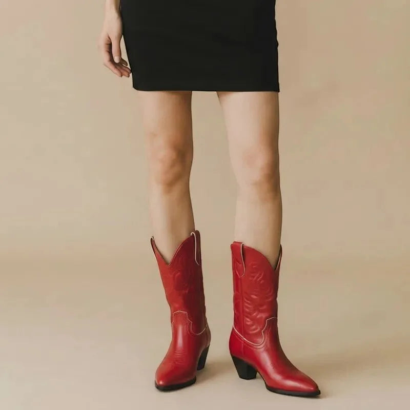 Yehaw red vegan leather ankle cowboy boots with pointed toe and high heel. Women's western style footwear.