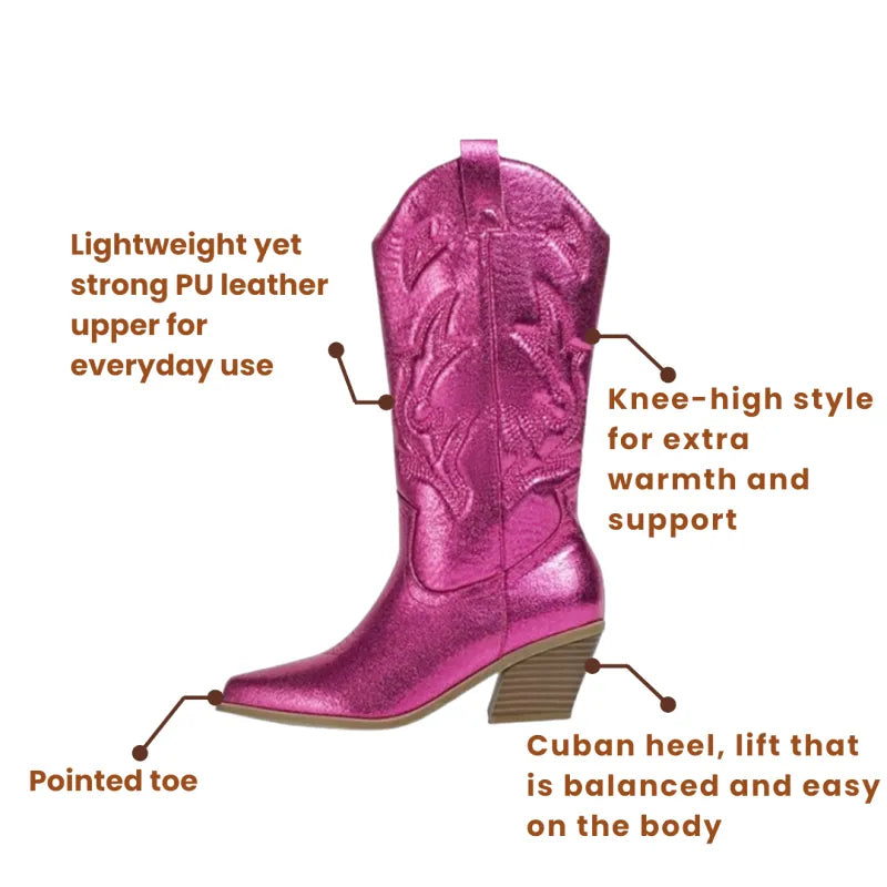 LILY Metallic Cowgirl Boots - Resistant PU leather | Elegance & Stability - Yehaw