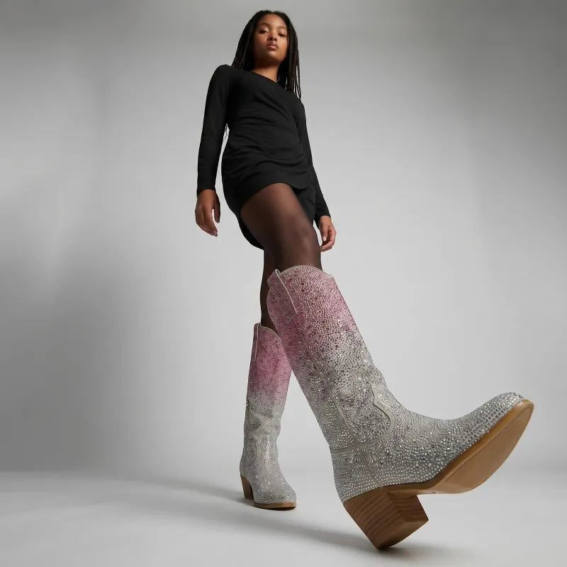 Yehaw knee-high vegan leather cowgirl boots with pointed toe, zip fastening, and ombre pink & silver rhinestone embellishments.
