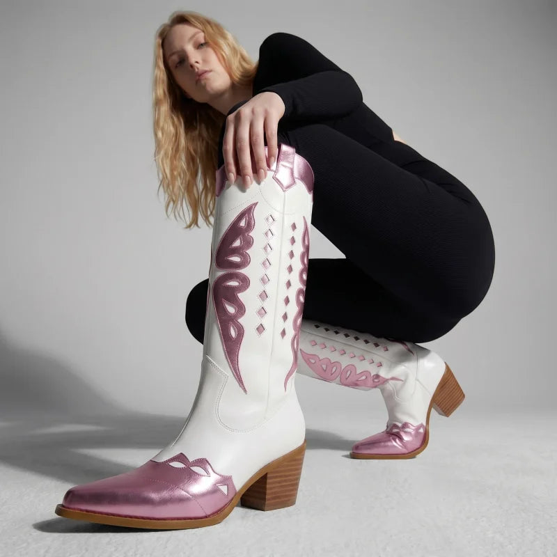 Yehaw MABEL mid-calf vegan leather cowboy boots in white and metallic pink with round toe and western embroidery