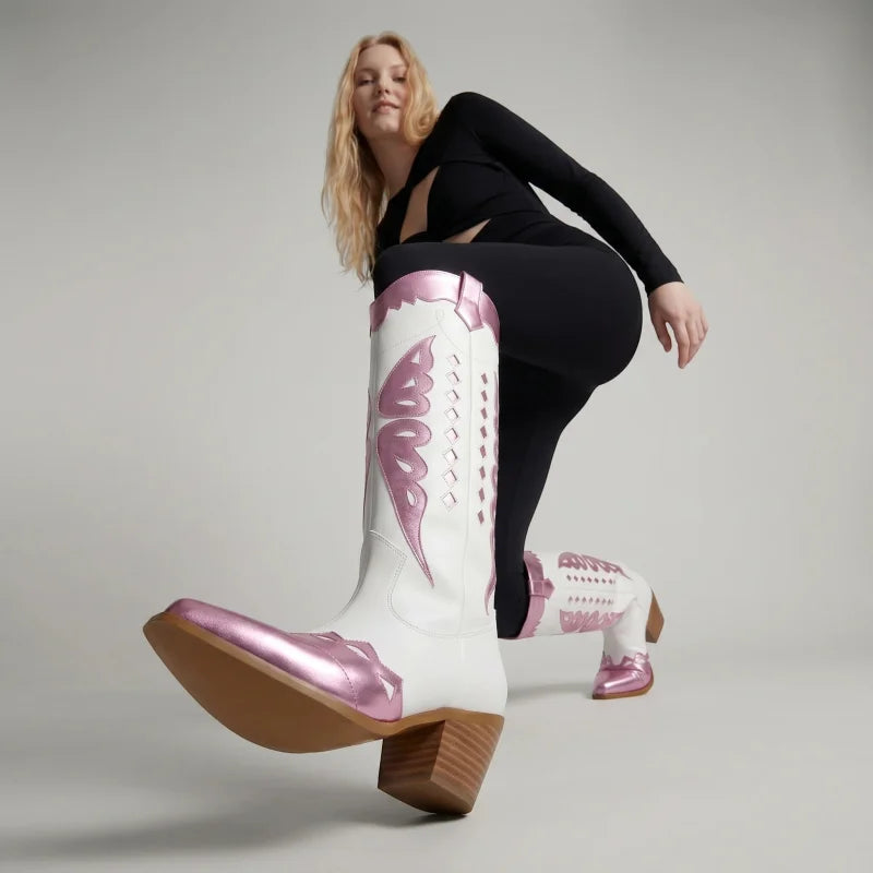 Yehaw MABEL mid-calf vegan leather cowgirl boots in white and metallic pink with round toe and block heel