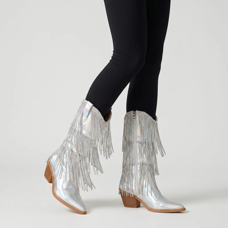 Yehaw MAGGIE knee-high silver vegan microfibre cowgirl boots with fringe detail and pointed toe