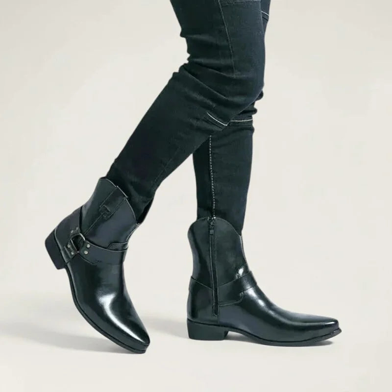 Yehaw REMINGTON men's black vegan leather ankle cowboy boots with pointed toe, side zip, and buckled strap detail