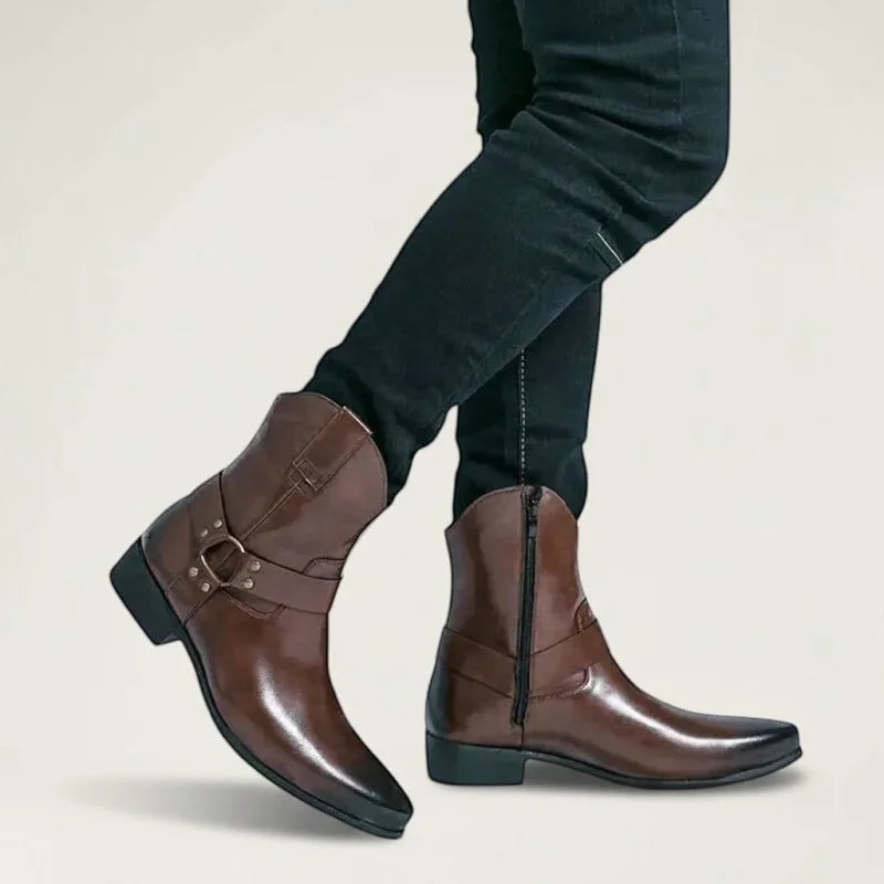 Yehaw brown vegan leather ankle cowboy boots with side zip and pointed toe worn by a man in black jeans.