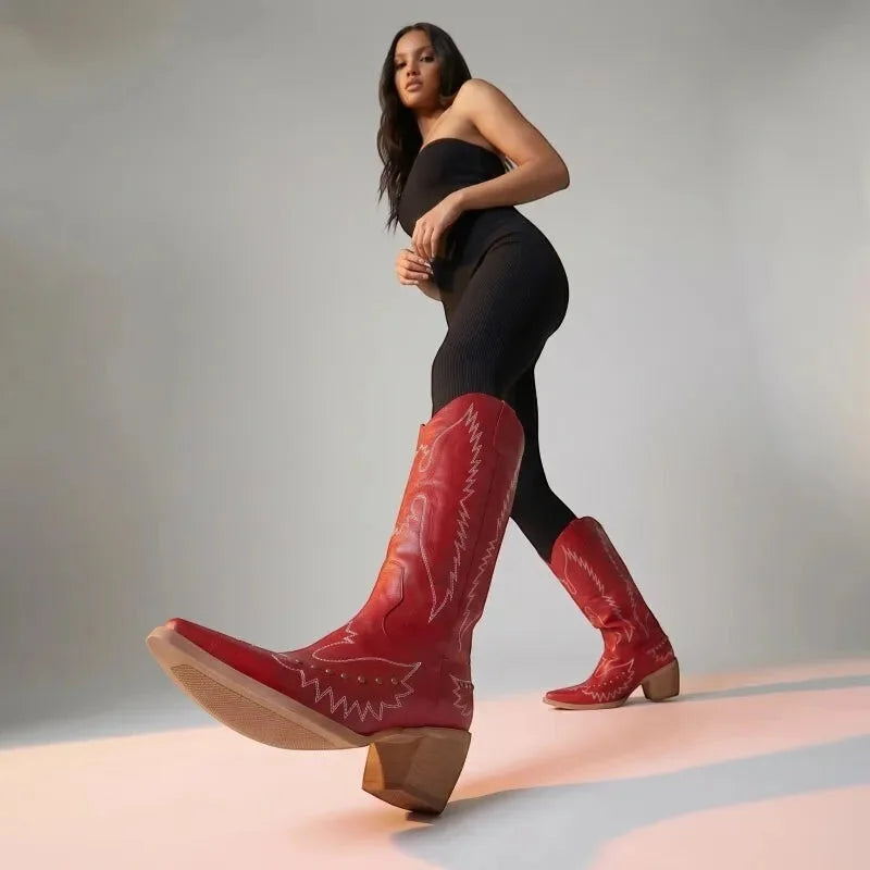 Yehaw red vegan leather mid-calf cowgirl boots with pointed toe and white stitching detail.