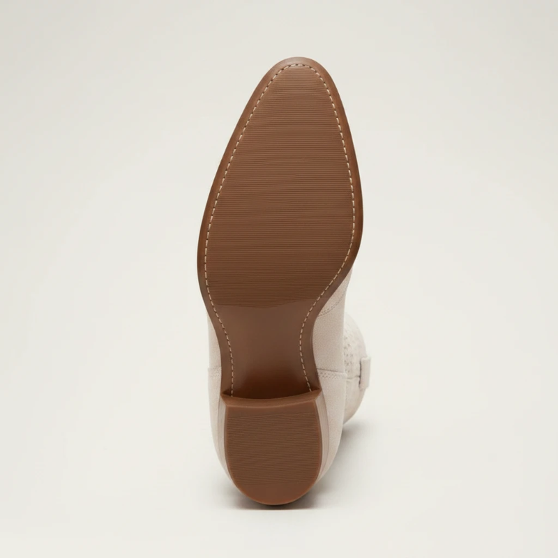 Yehaw beige vegan leather ankle cowgirl boots with a perforated shaft and a medium block heel.