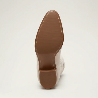 Yehaw beige vegan leather ankle cowgirl boots with a perforated shaft and a medium block heel.