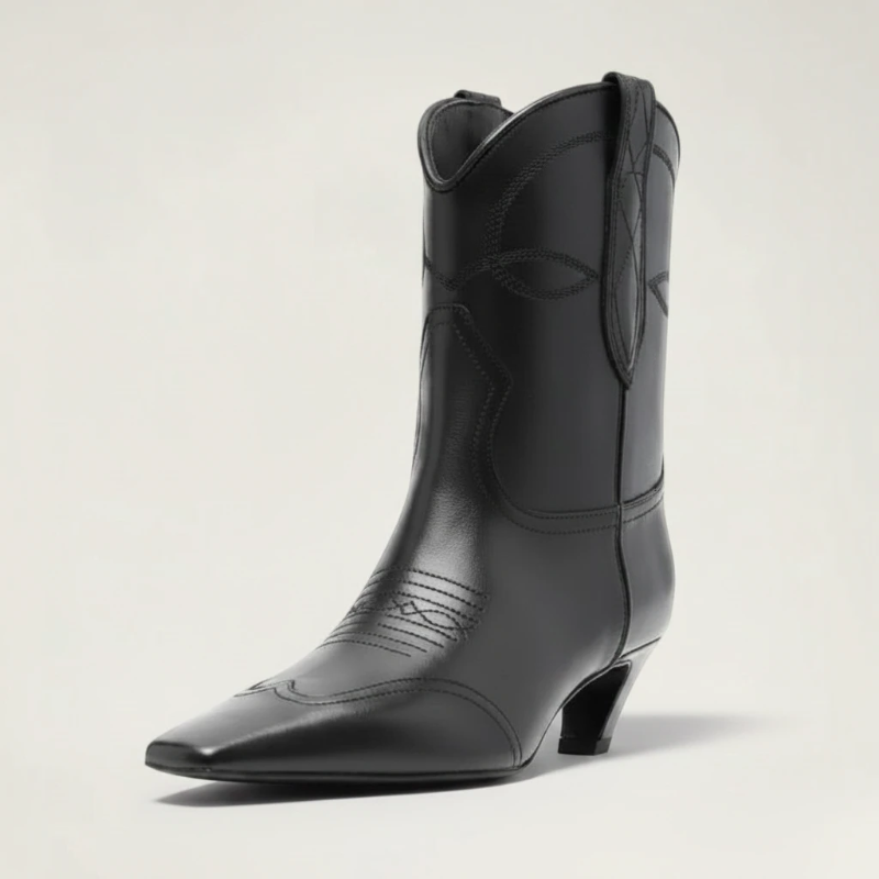 Yehaw BERTA black vegan leather ankle cowgirl boots with a square toe and medium heel for women.