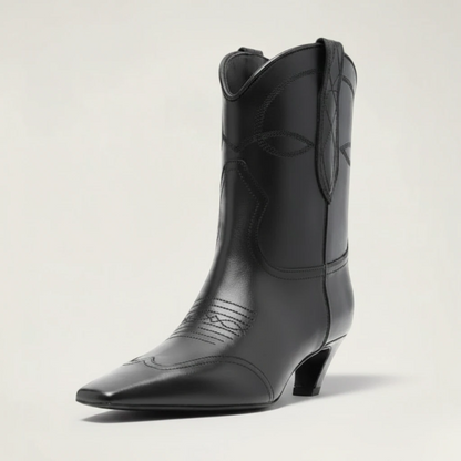 Yehaw BERTA black vegan leather ankle cowgirl boots with a square toe and medium heel for women.