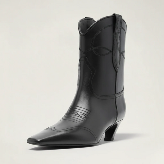 Yehaw BERTA black vegan leather ankle cowgirl boots with a square toe and medium heel for women.
