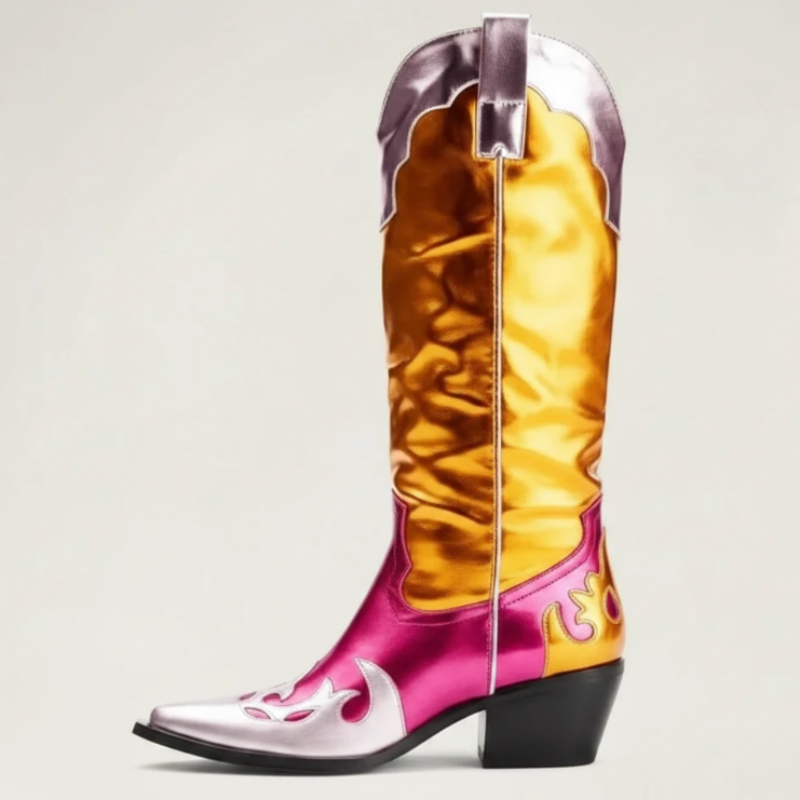 Yehaw DIANA mid-calf cowgirl boots in metallic gold and pink vegan microfibre with a pointed toe and western stitching.