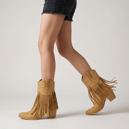 Yehaw DALIA brown vegan leather ankle cowgirl boots with fringe detailing and pointed toe