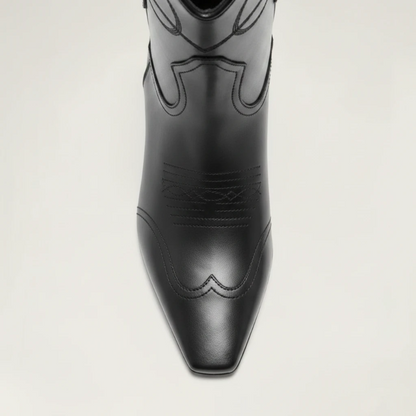 Yehaw BERTA black vegan leather ankle cowgirl boots with a square toe and medium heel for women.
