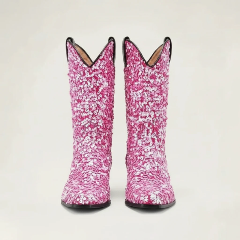 Yehaw pink glitter mid-calf cowgirl boots with a pointed toe and black block heel for women.