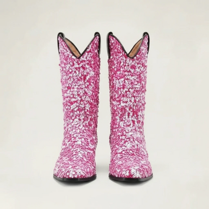 Yehaw pink glitter mid-calf cowgirl boots with a pointed toe and black block heel for women.