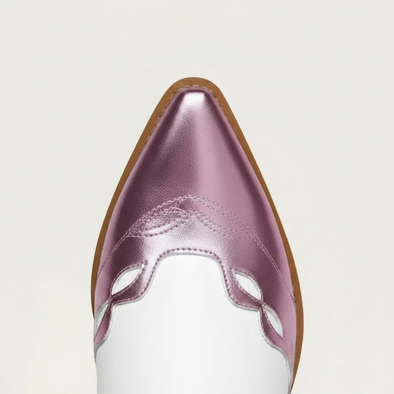 Yehaw MABEL mid-calf vegan leather cowgirl boots in white with metallic pink butterfly-style overlays and block heel.