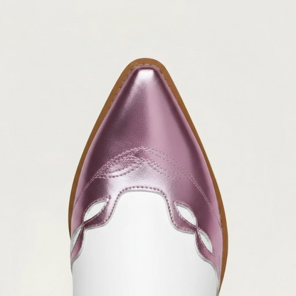 Yehaw MABEL mid-calf vegan leather cowgirl boots in white with metallic pink butterfly-style overlays and block heel.